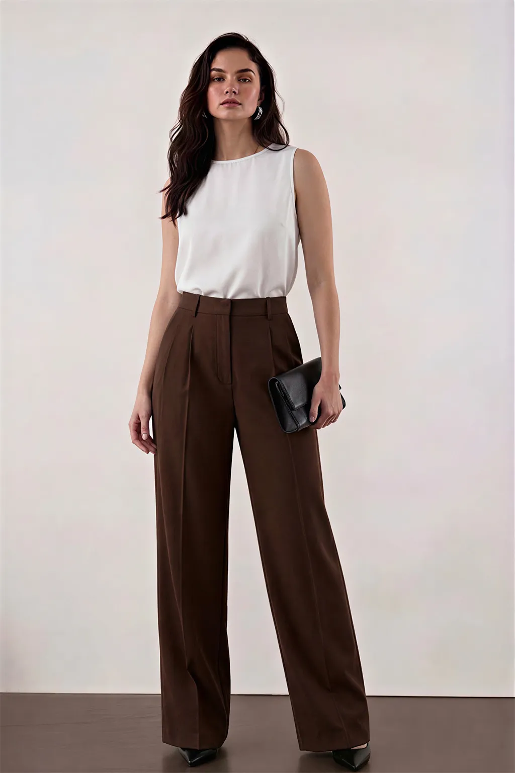 Brown Tailored Wide-Leg Trousers