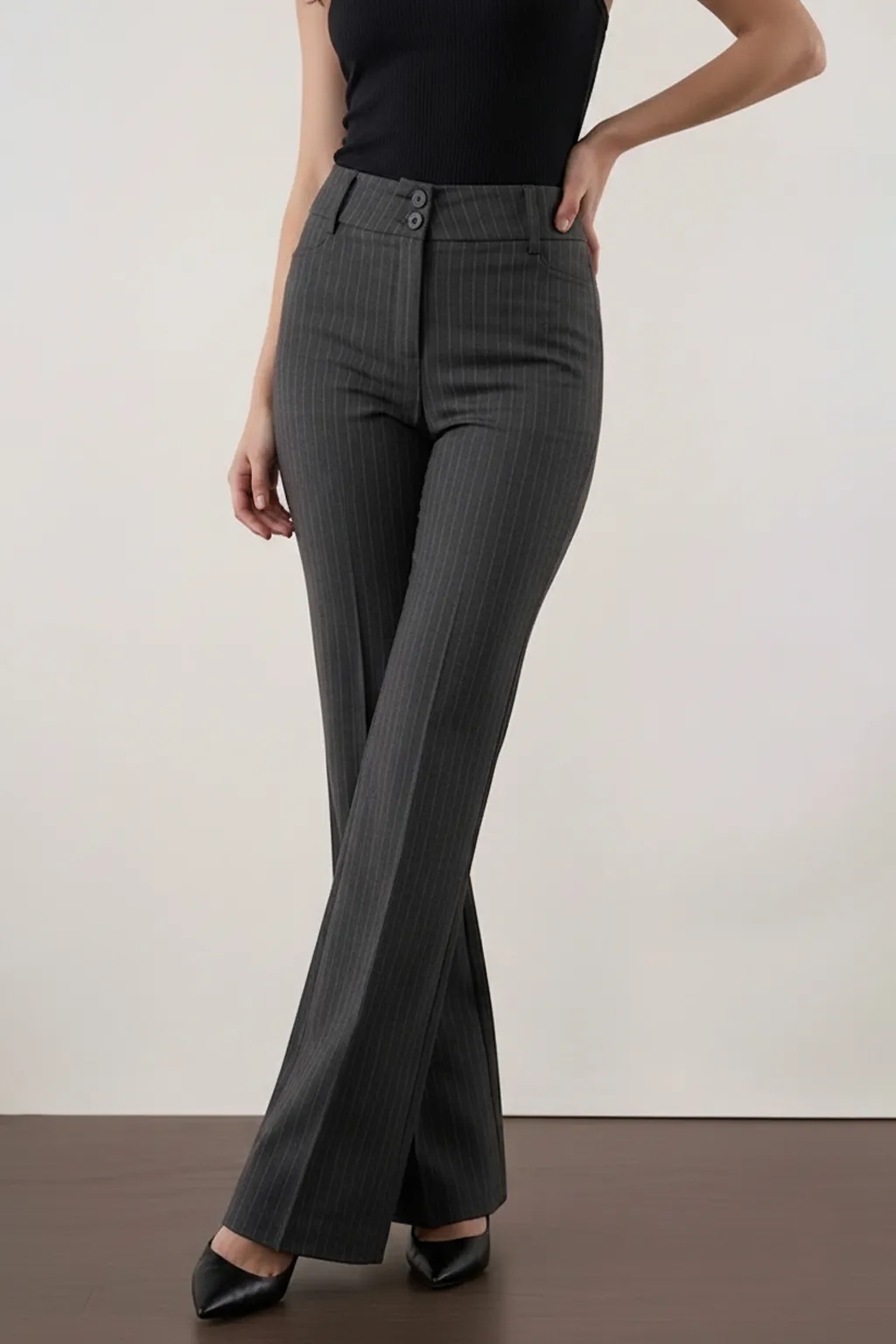 Grey Pinstripe Flared Trousers