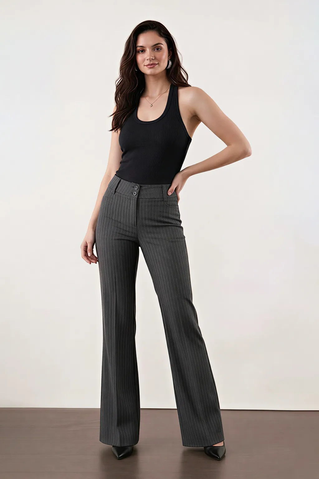 Grey Pinstripe Flared Trousers