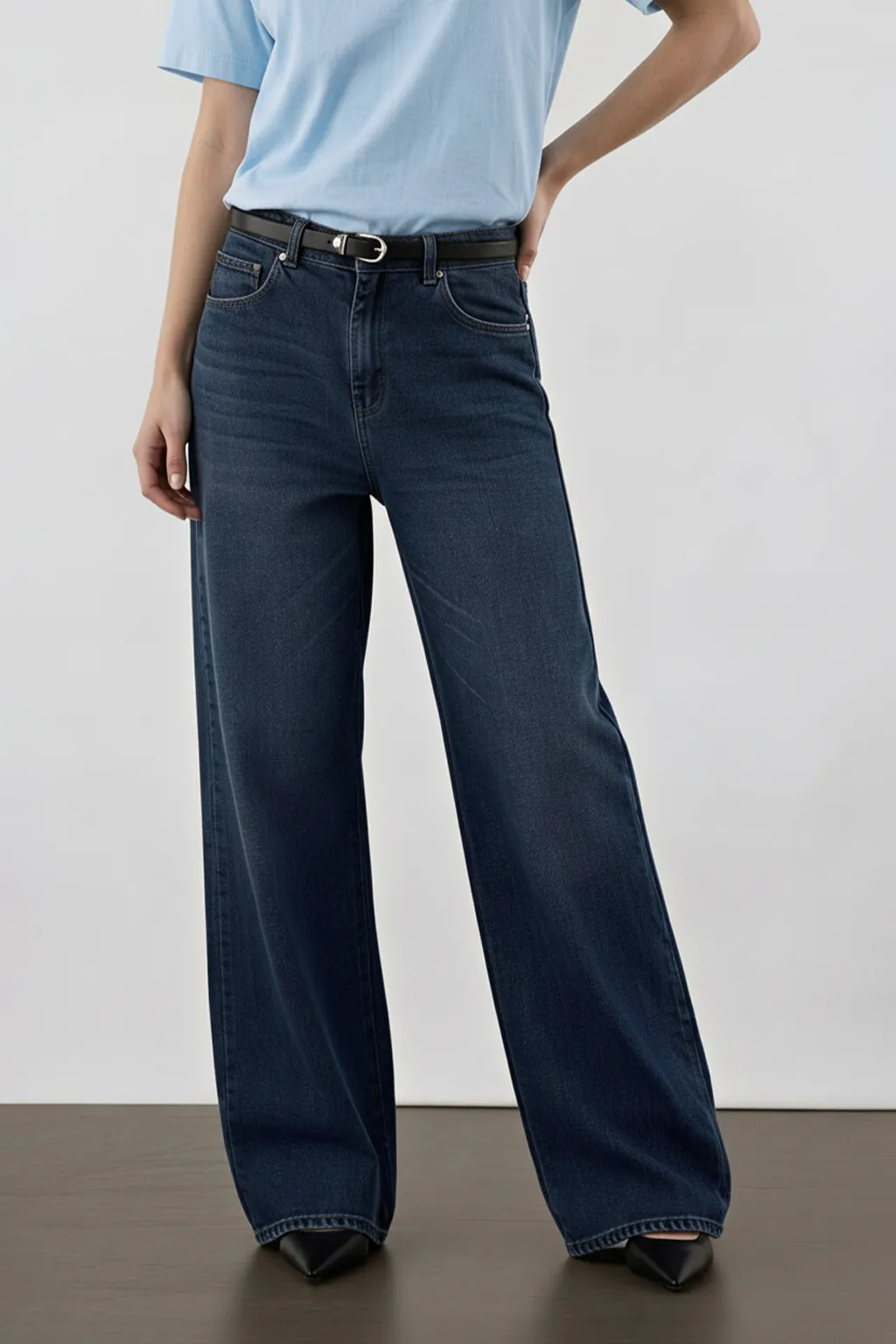 Dark Blue Wide-Leg Denim Pants