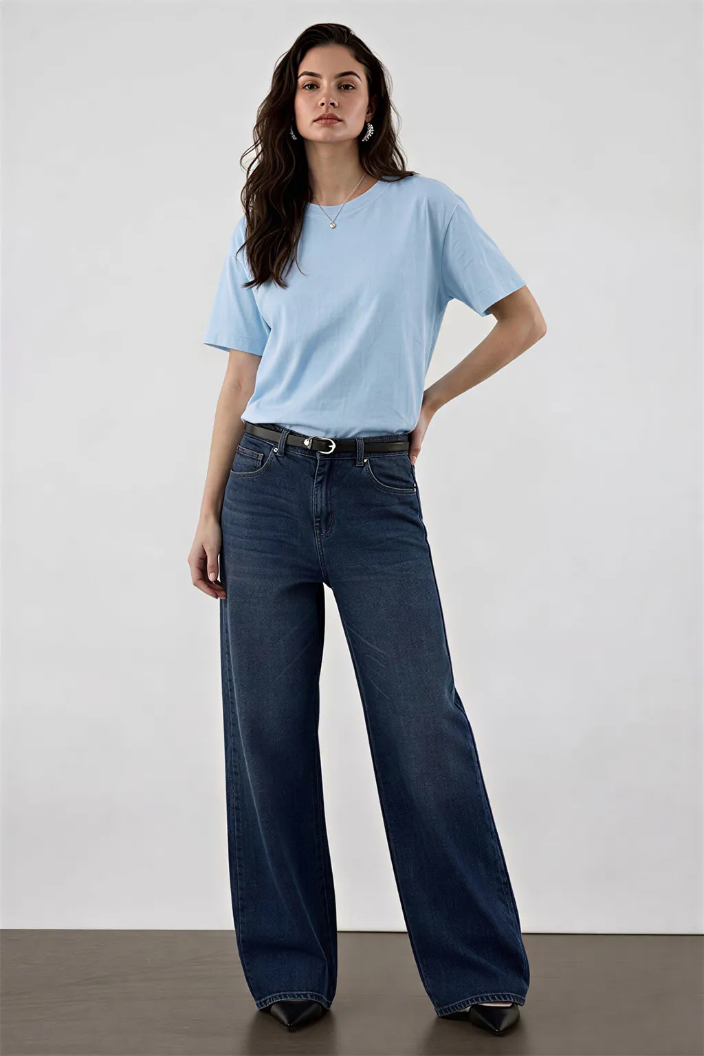 Dark Blue Wide-Leg Denim Pants