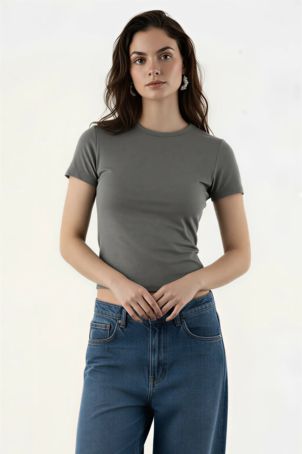 Grey Fitted Basic Crop Tee