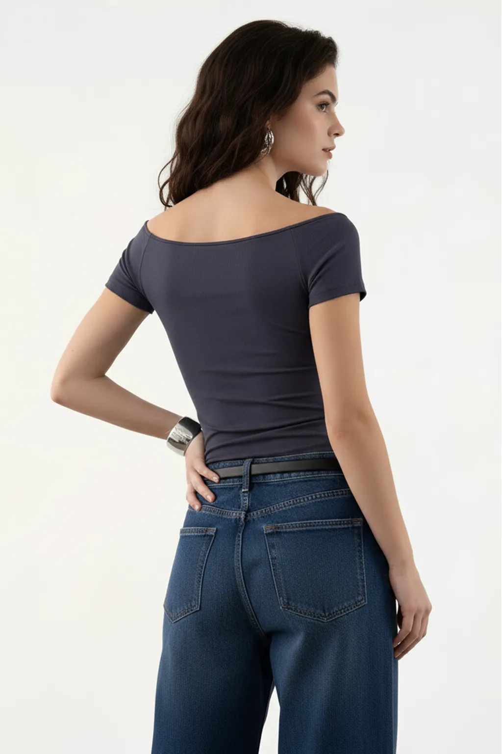 Black Off-Shoulder Fitted Top