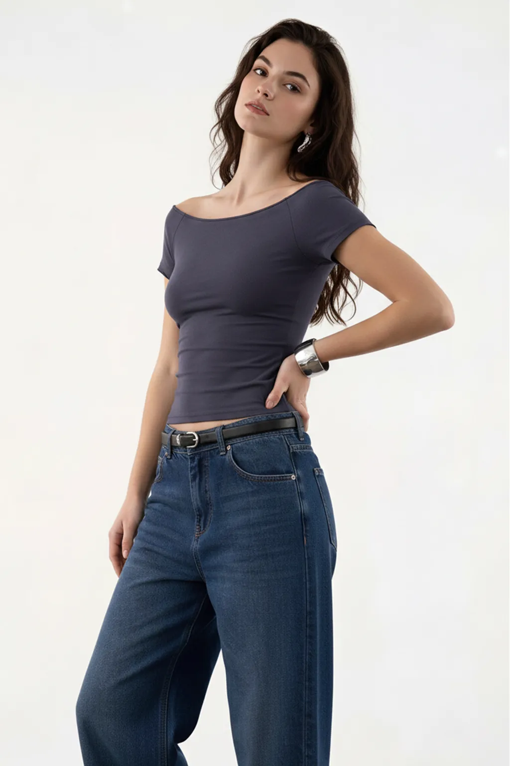 Black Off-Shoulder Fitted Top