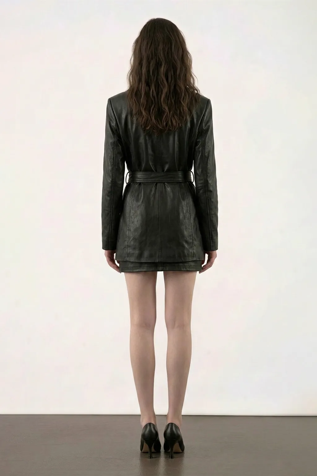 Black Belted Leather Blazer Jacket