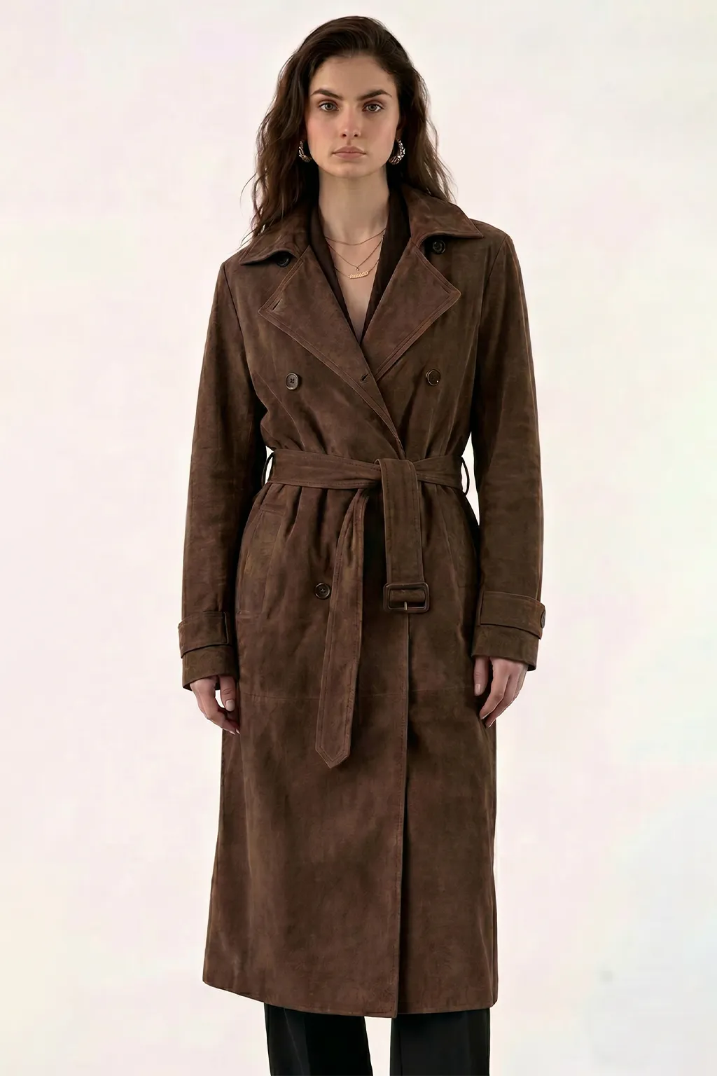 Brown Double-Breasted Long Leather Coat