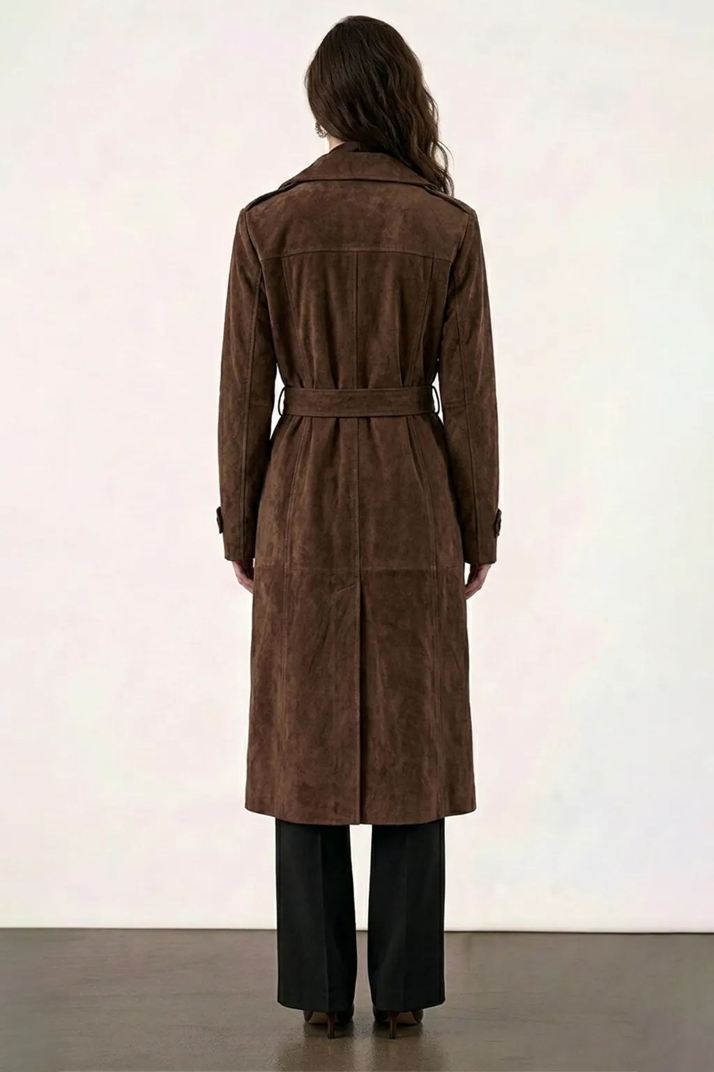 Brown Double-Breasted Long Leather Coat