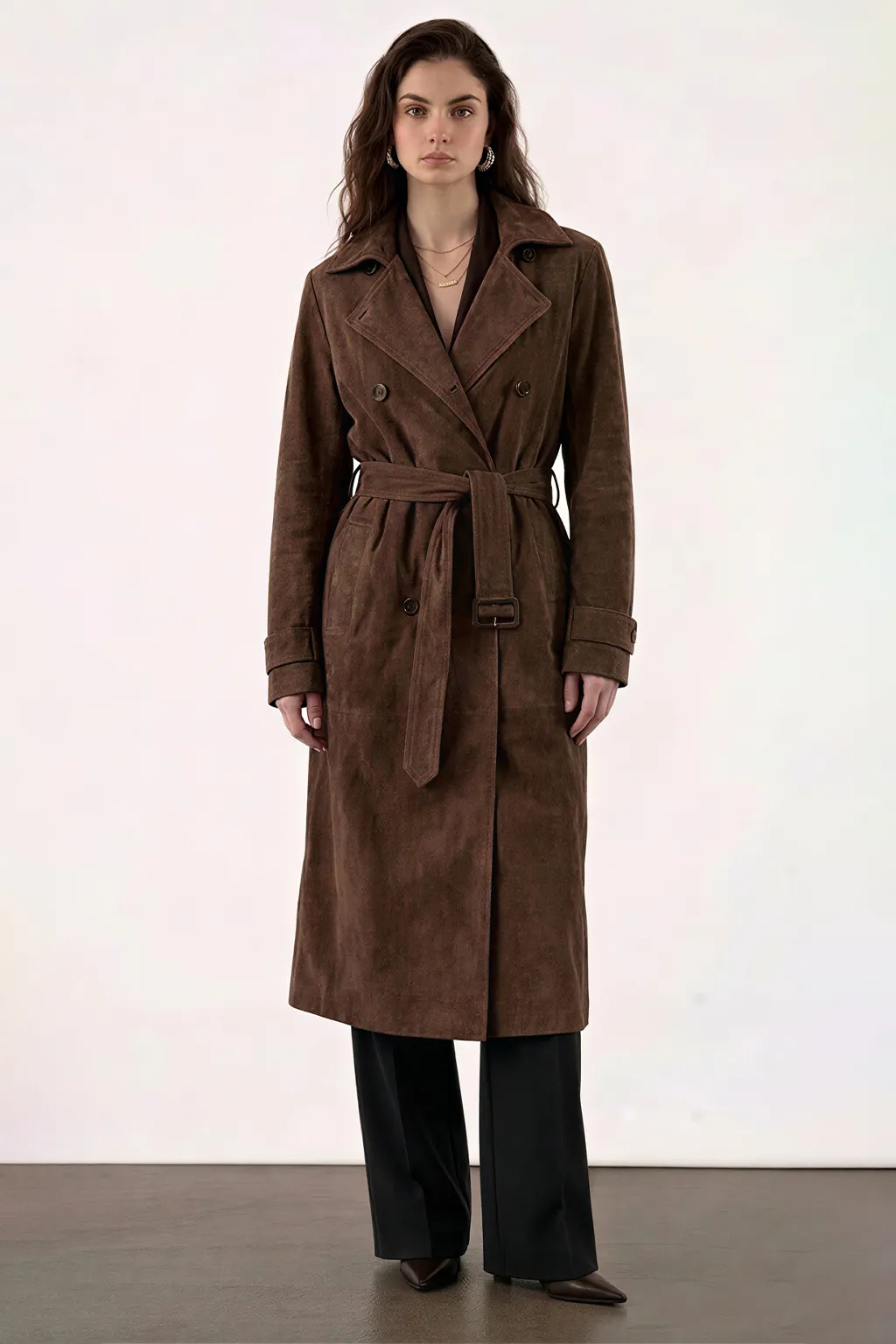 Brown Double-Breasted Long Leather Coat