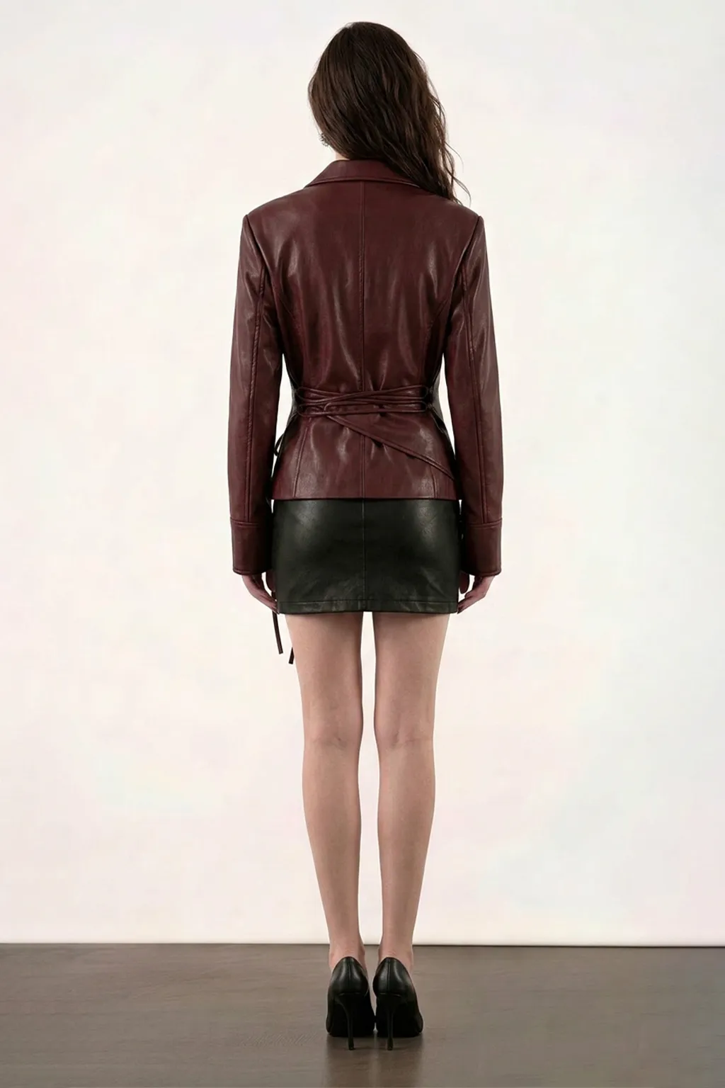 Burgundy Tailored Leather Wrap Jacket