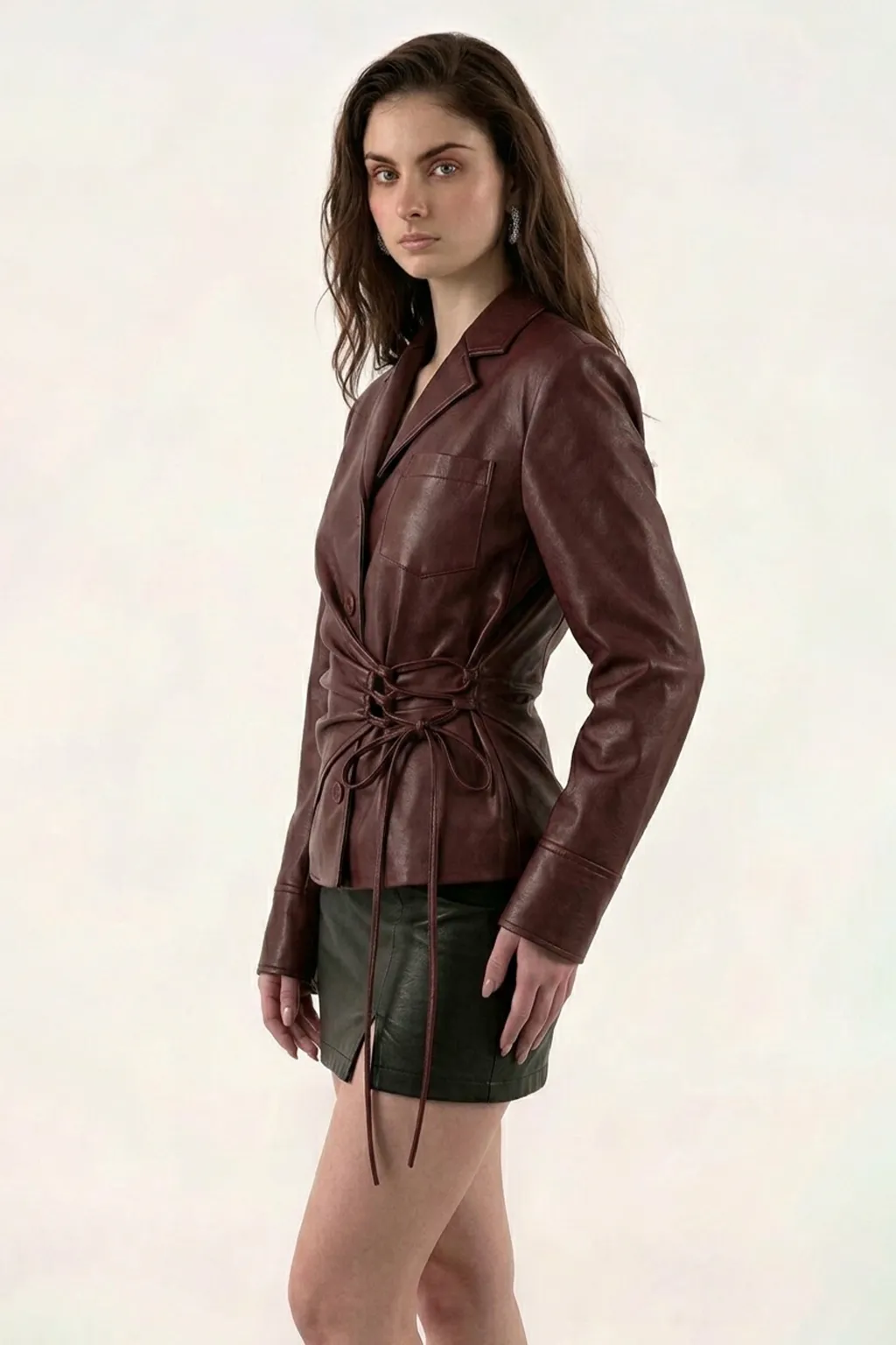 Burgundy Tailored Leather Wrap Jacket