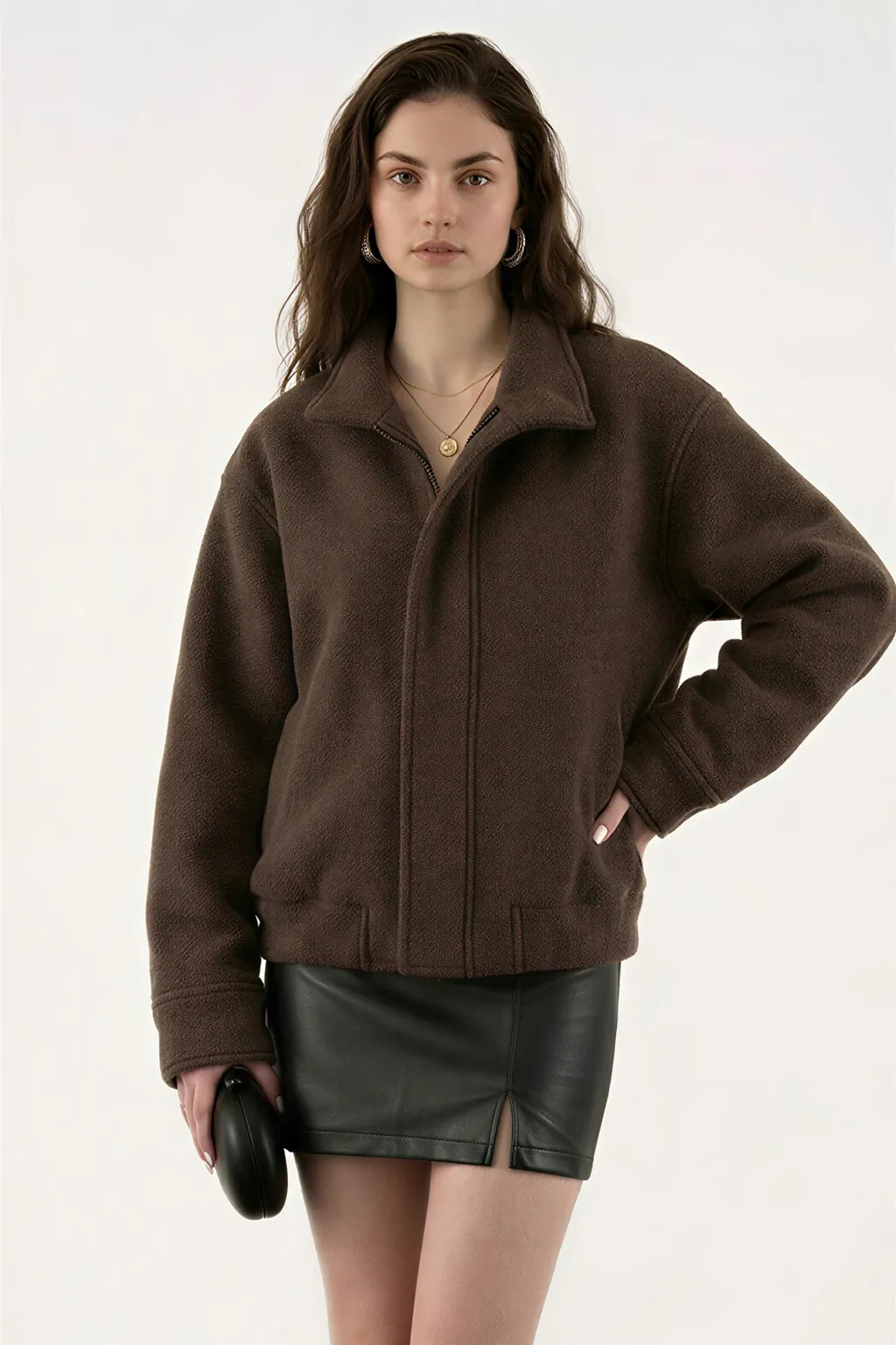 Brown Textured Zip-Up Jacket