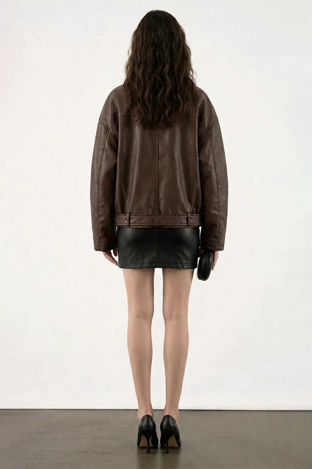 Brown Leather Belted Bomber Jacket