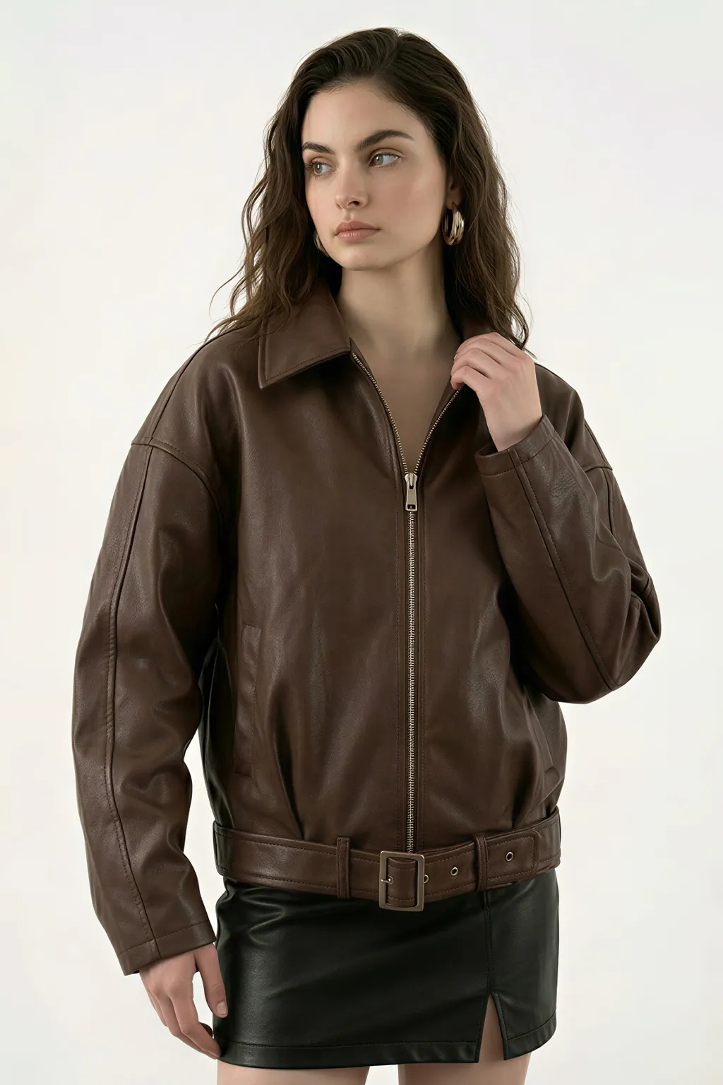 Brown Leather Belted Bomber Jacket