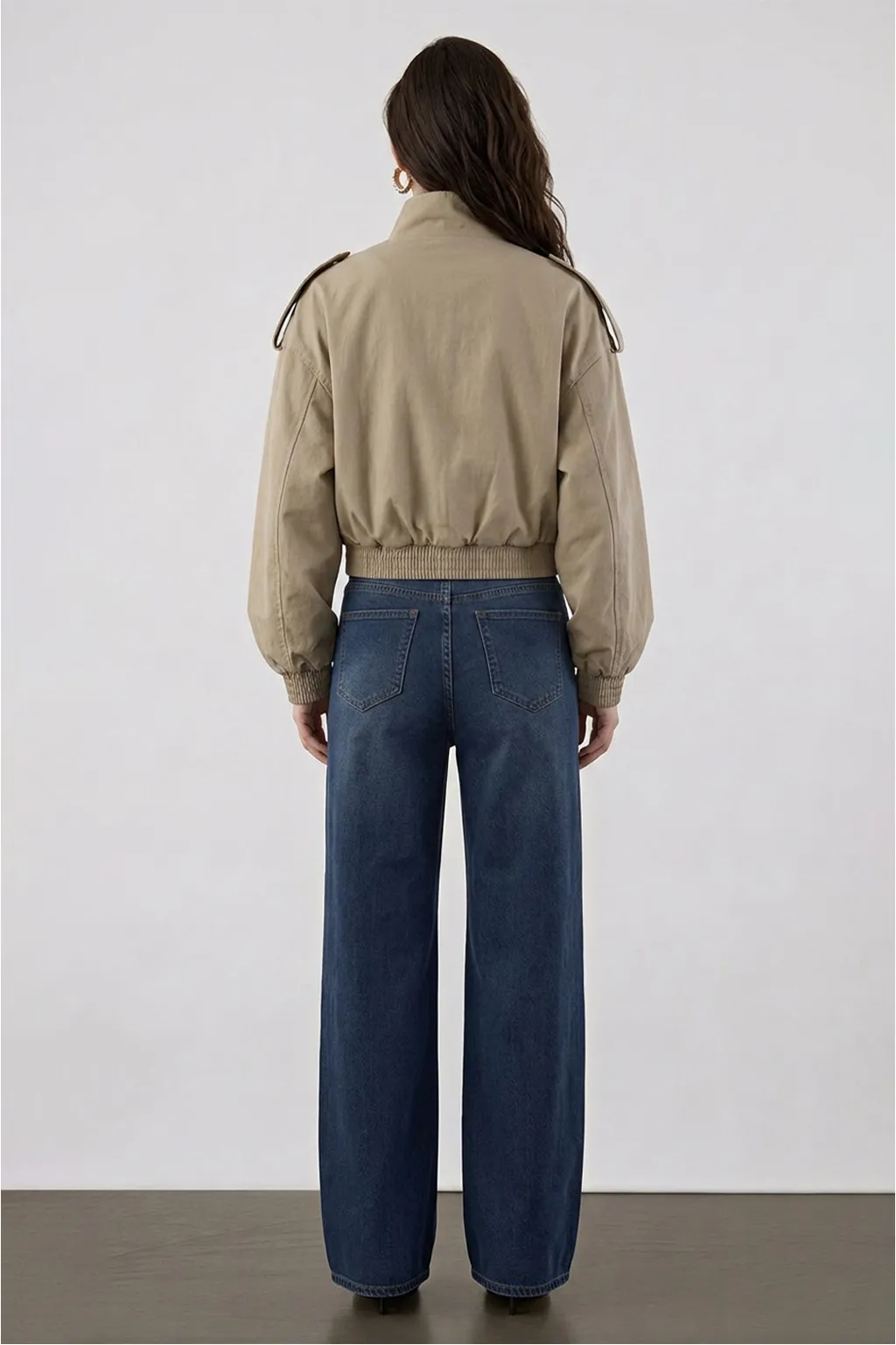 Beige Cropped Bomber Jacket