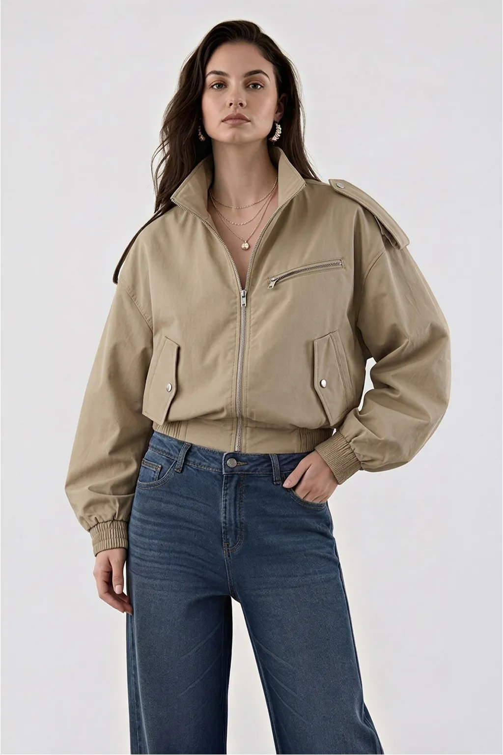 Beige Cropped Bomber Jacket