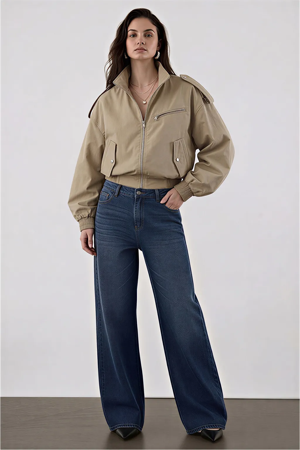 Beige Cropped Bomber Jacket