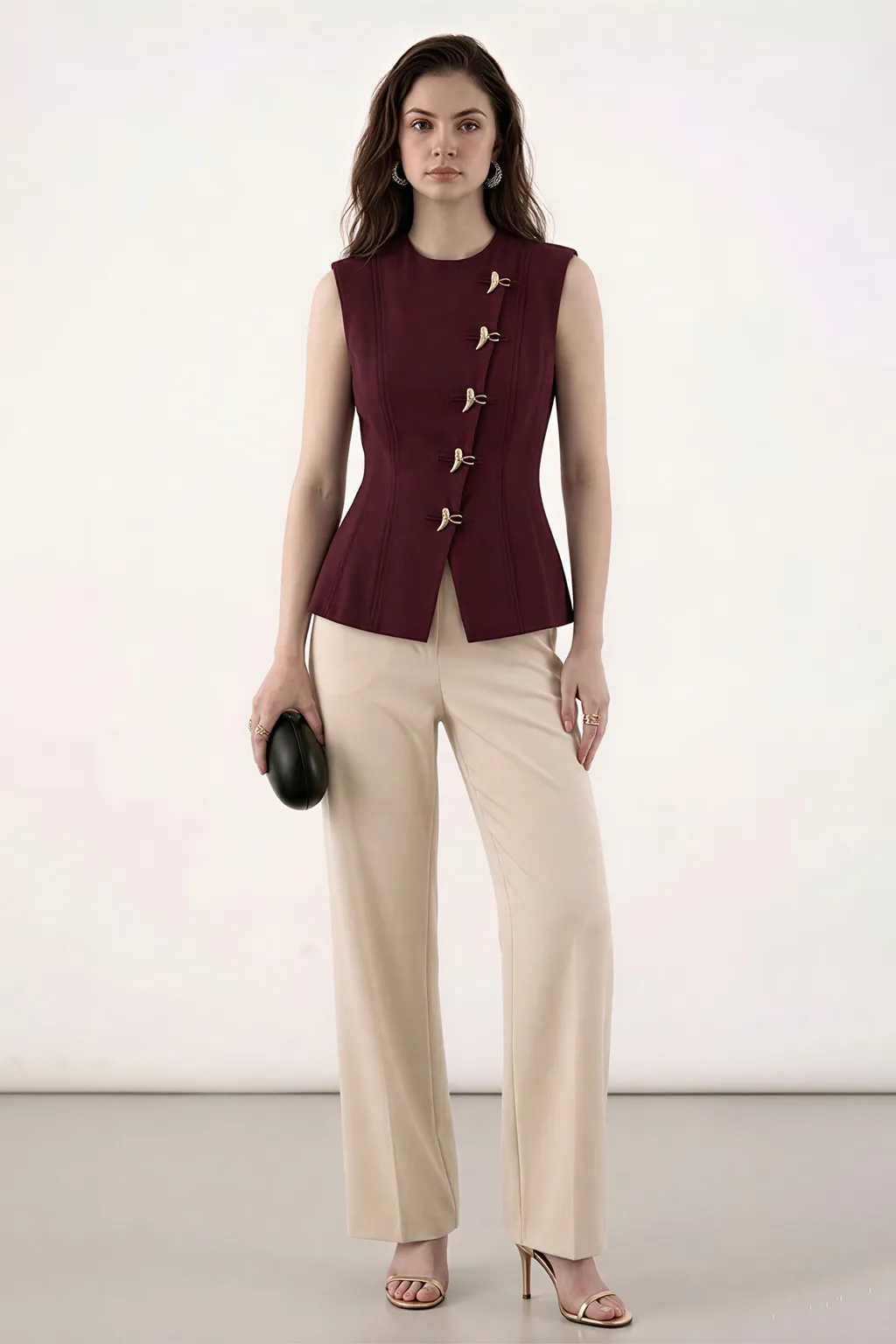 Burgundy Structured Buttoned Waistcoat