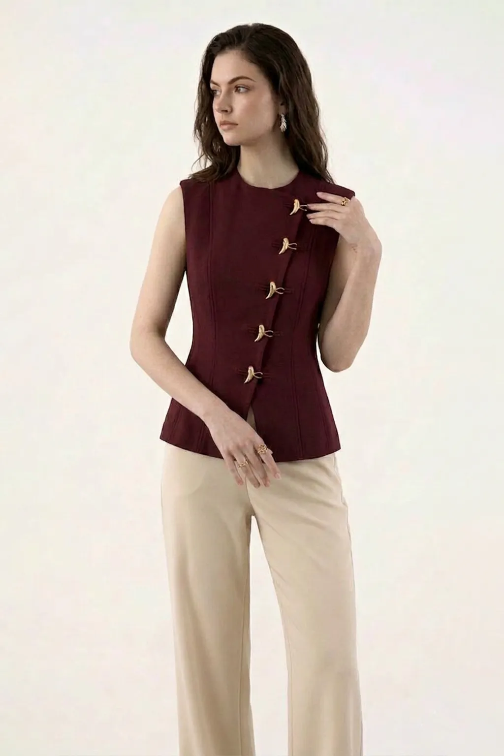 Burgundy Structured Buttoned Waistcoat
