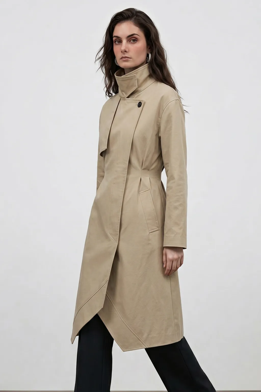 Beige Asymmetric High-Neck Coat