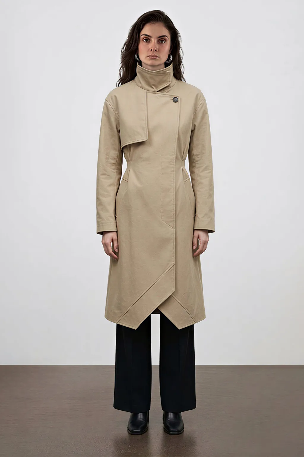 Beige Asymmetric High-Neck Coat