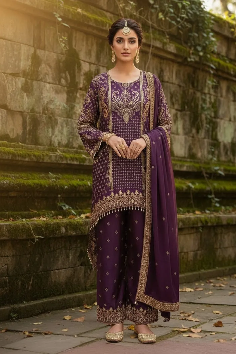 Women's Burgundy  Printed Kurti And plazzo pent with dupatta