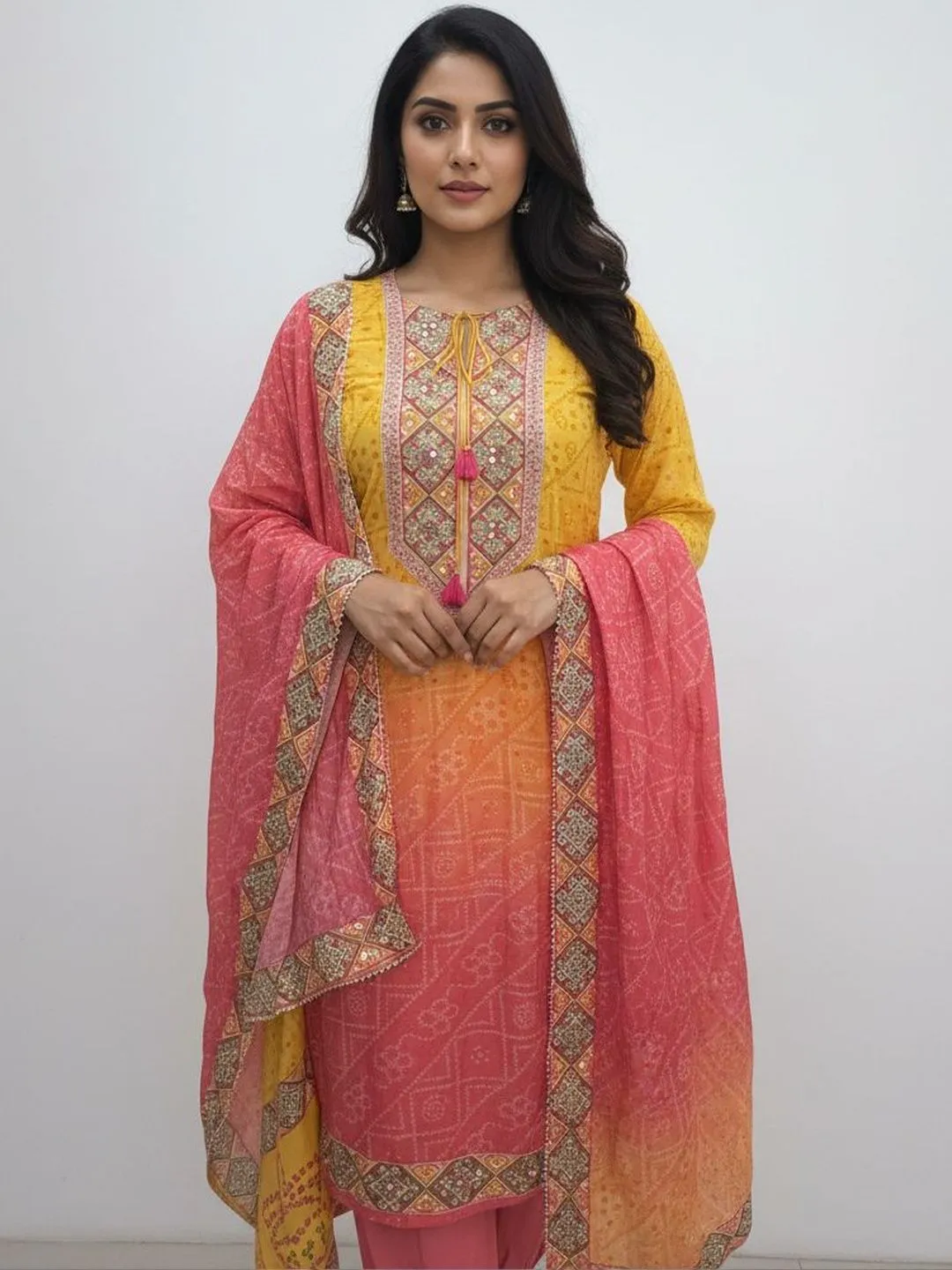 Women's Orange and yellow Musline  Floral Printed Kurti and Trouser with Printed Dupatta