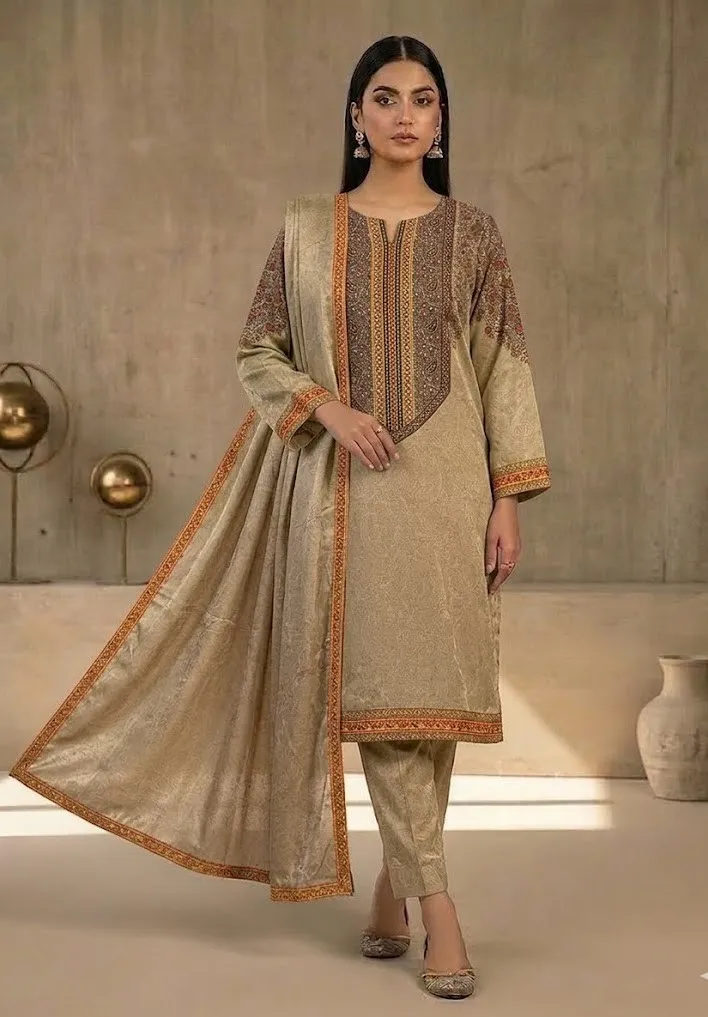 Women's Brown Printed Kurti And Trouser With Printed Duaptta 