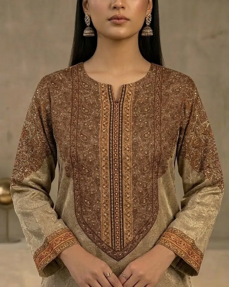 Women's Brown Printed Kurti And Trouser With Printed Duaptta 