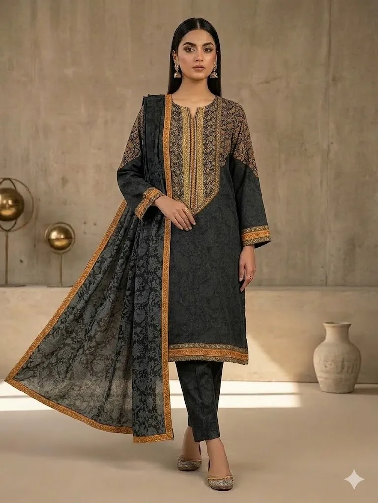Women's Black Printed Kurti And Trouser With Printed Duaptta 