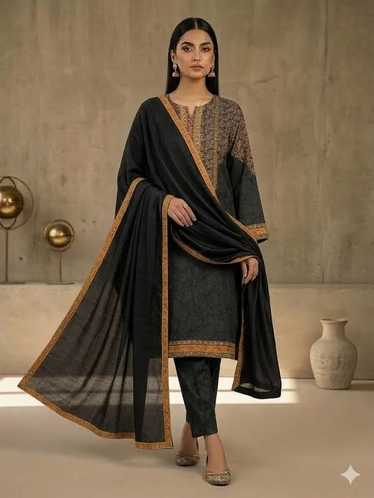 Women's Black Printed Kurti And Trouser With Printed Duaptta 