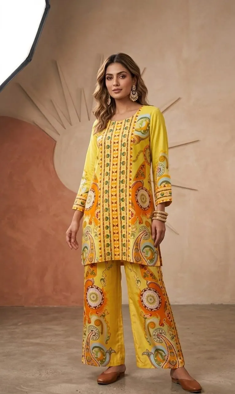 Women's Yellow Printed Co-ords set  For Women