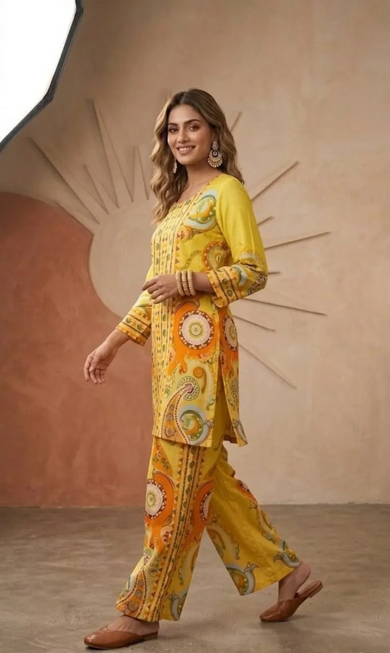 Women's Yellow Printed Co-ords set  For Women