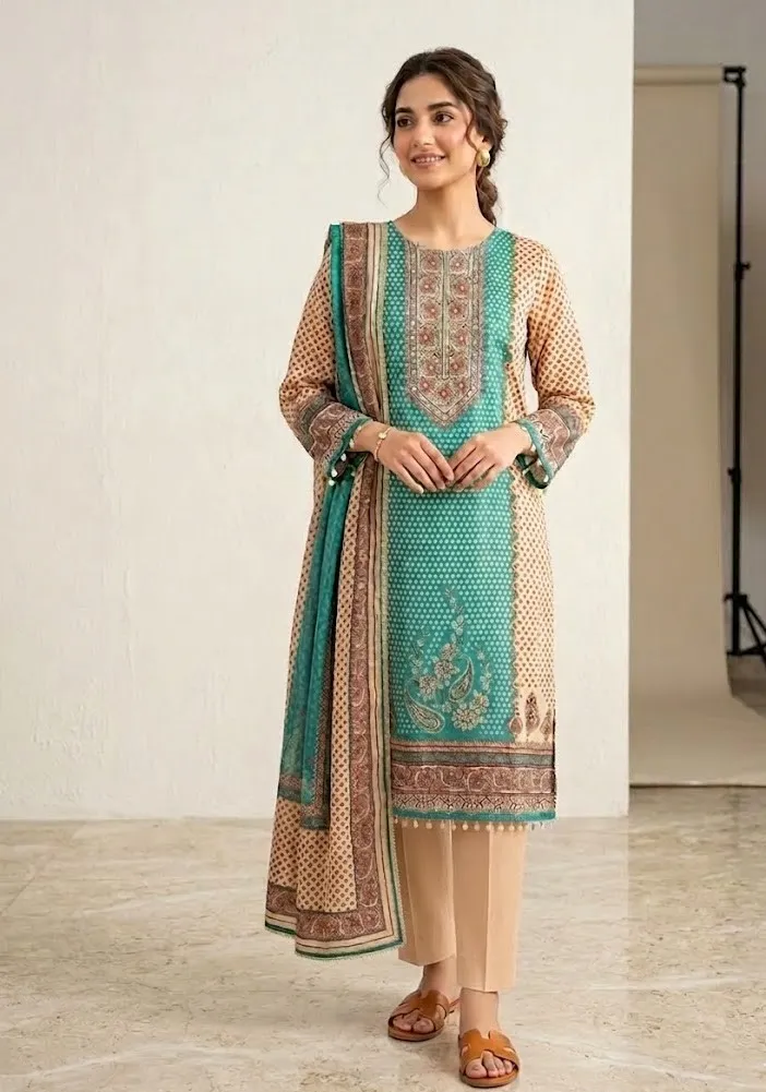 Women's Off white & Sky Blue Printed Kurti And Trouser With Printed Duaptta 