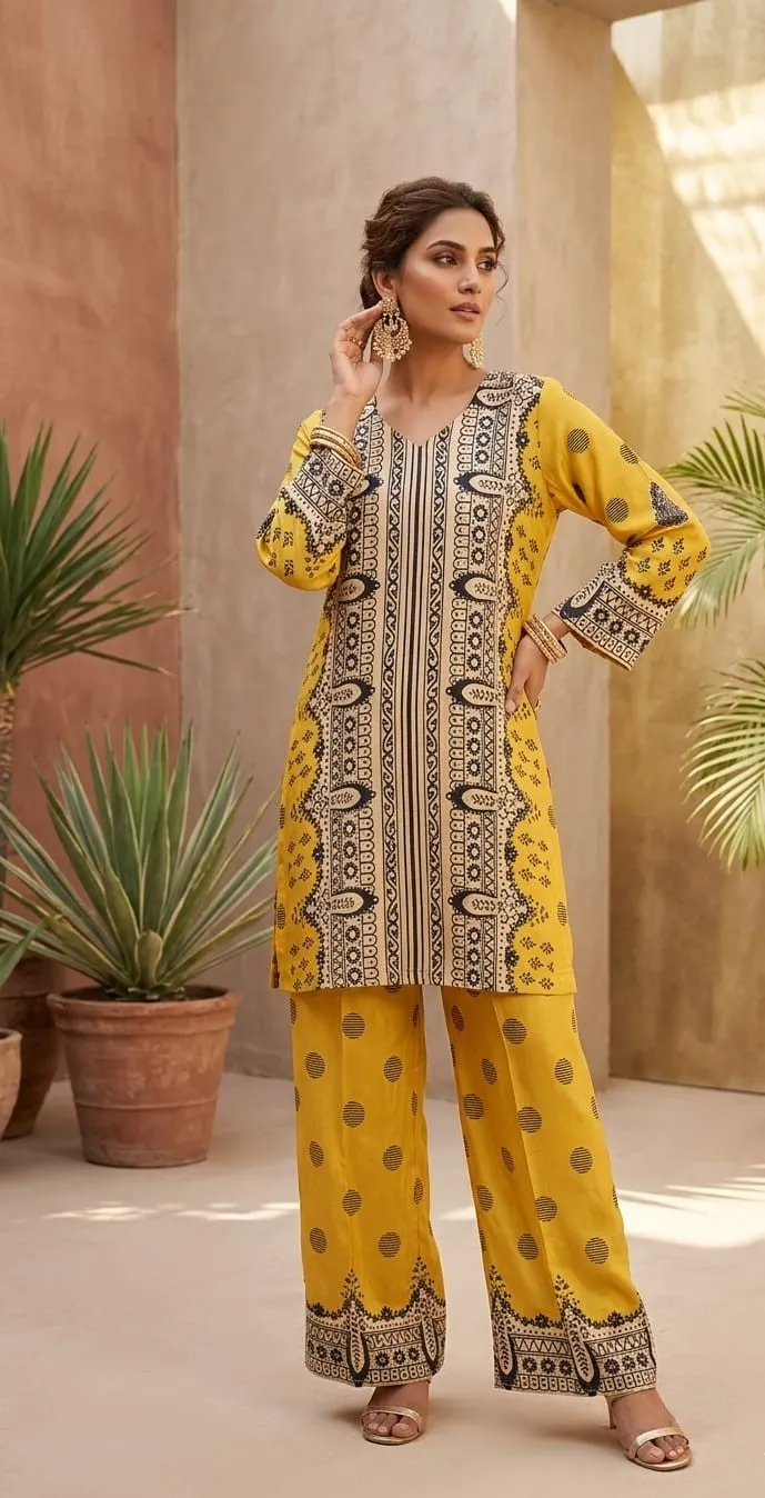 Women's Yellow Printed Co-ords set  For Women