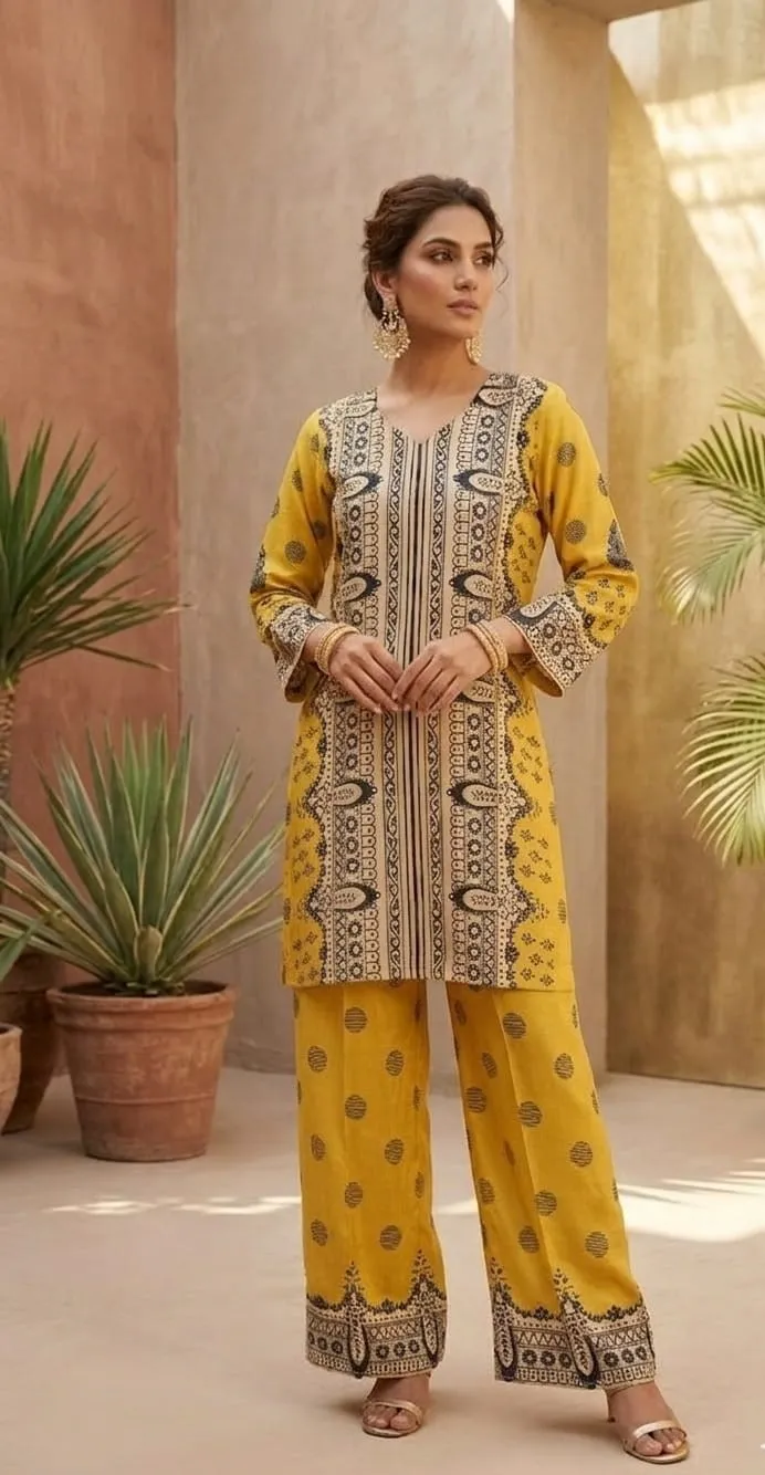 Women's Yellow Printed Co-ords set  For Women