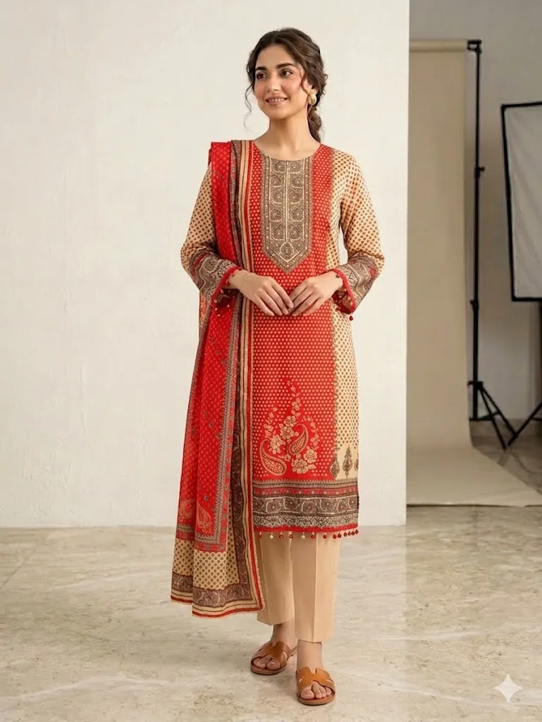 Women's Off white & Red Printed Kurti And Trouser With Printed Duaptta 