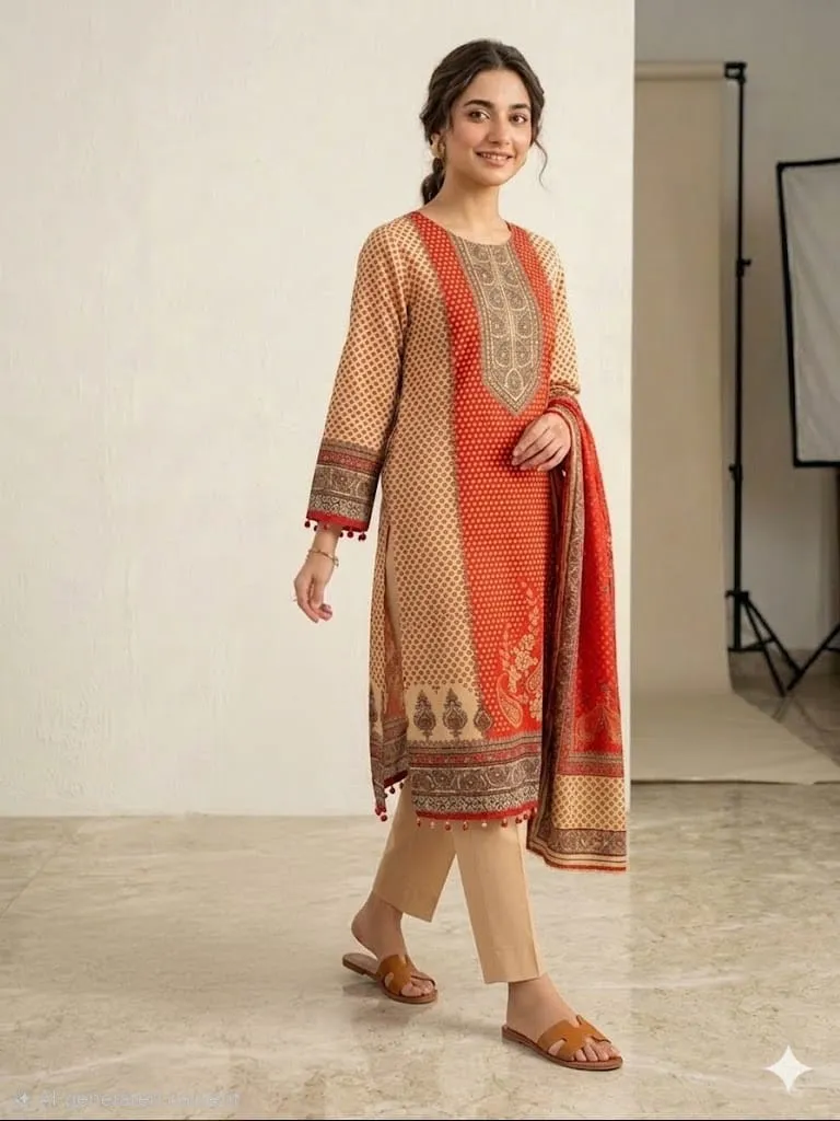 Women's Off white & Red Printed Kurti And Trouser With Printed Duaptta 