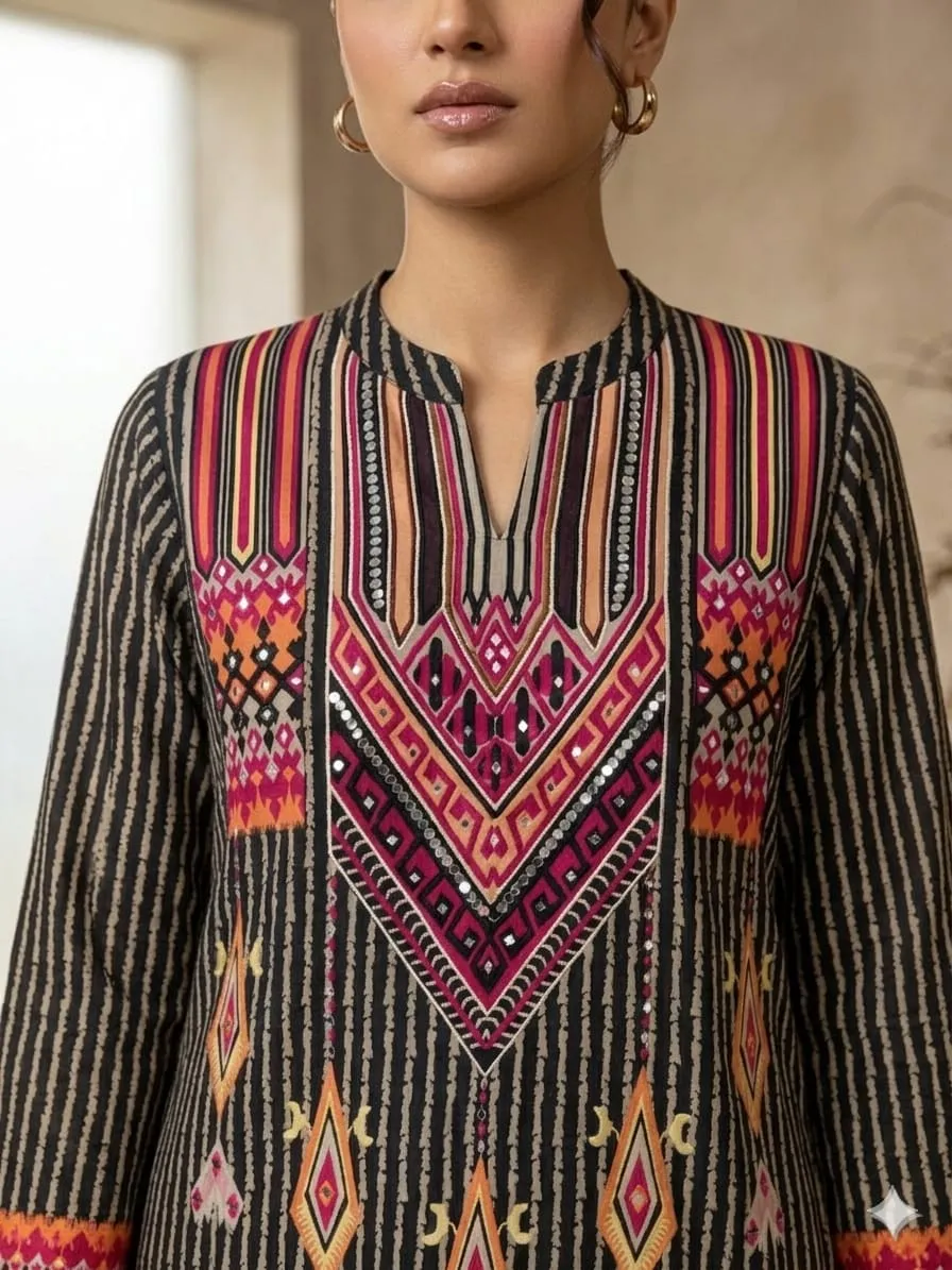 Women's Black Printed Kurti And Trouser With Printed Duaptta 