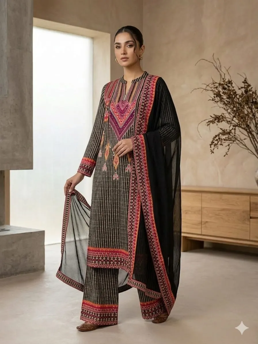 Women's Black Printed Kurti And Trouser With Printed Duaptta 