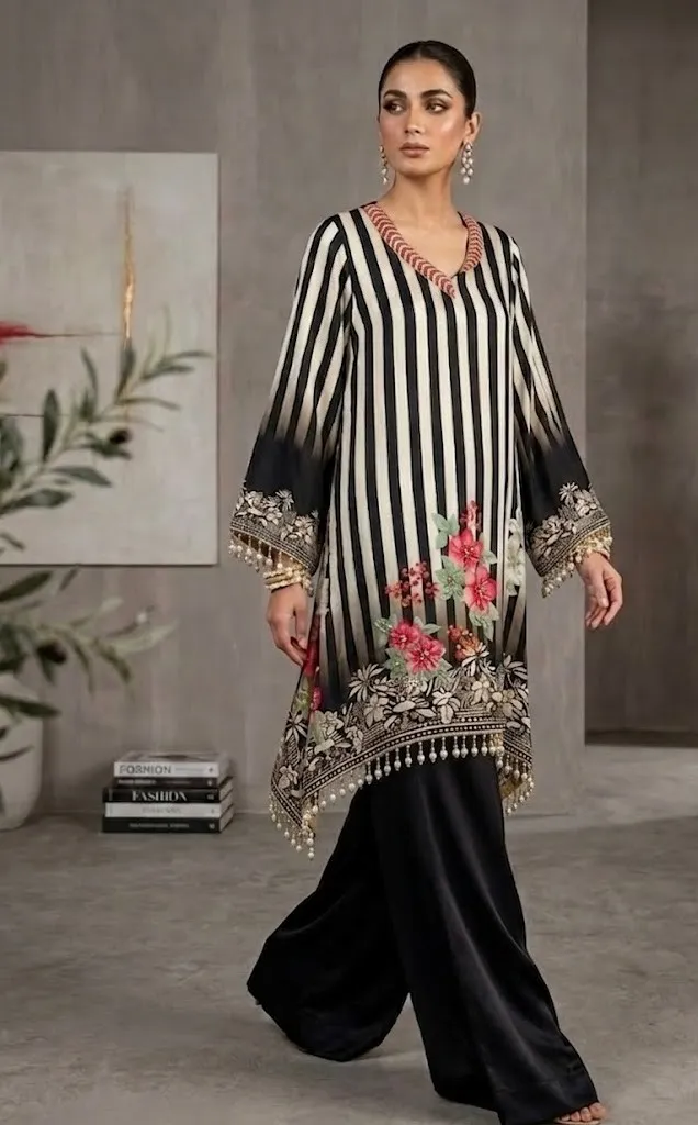 Women' Black and White Crape A-line Kurta set  Printed  Top & Plazzo Pant with Dupatta