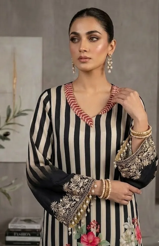 Women' Black and White Crape A-line Kurta set  Printed  Top & Plazzo Pant with Dupatta