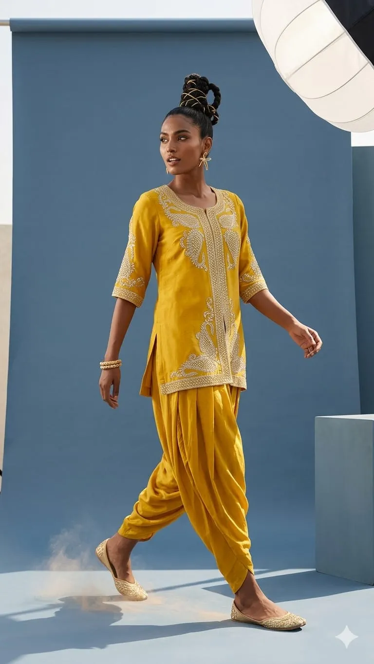 Women's Yellow Natural Crape Embroidery Co-ord set   Top & Bottom 