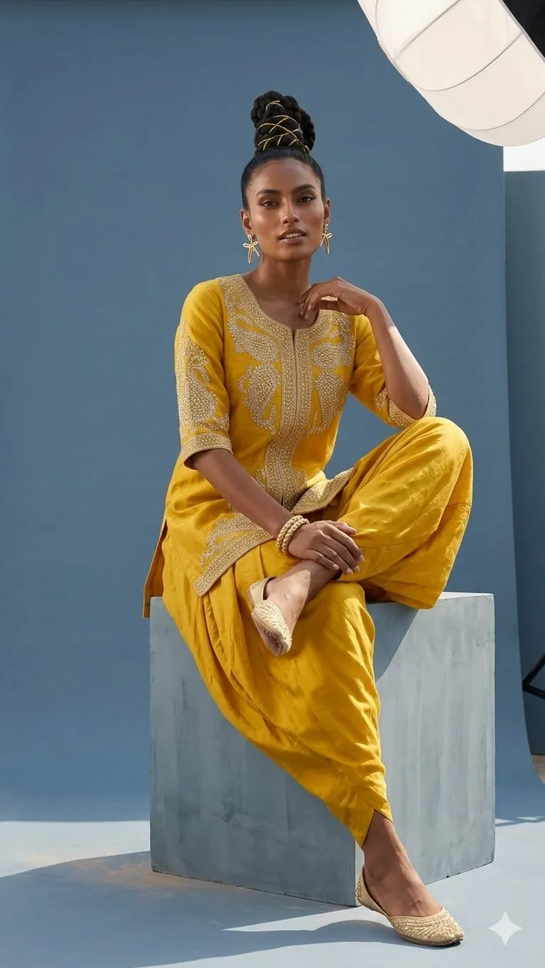 Women's Yellow Natural Crape Embroidery Co-ord set   Top & Bottom 