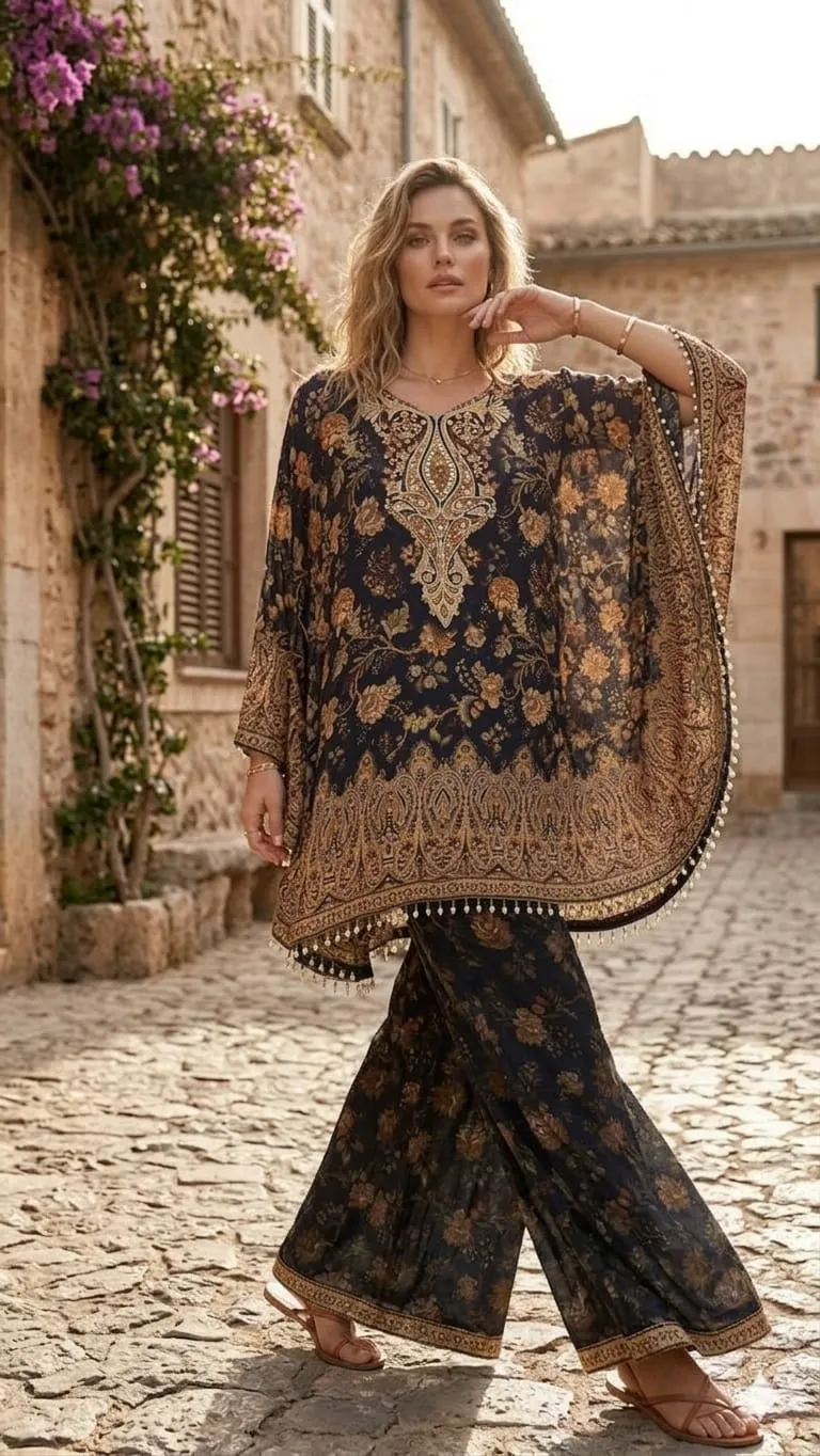 Women's Black Crepe Kafftan Fusion Printed  Top & Bottom 