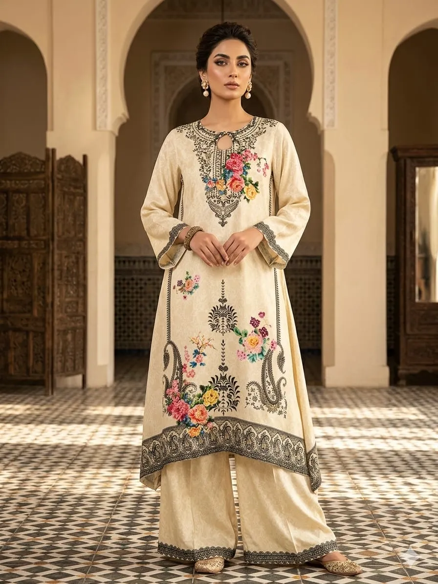 Women' Off White Crape A-line Kurta set  Printed  Top & Plazzo Pant with Dupatta
