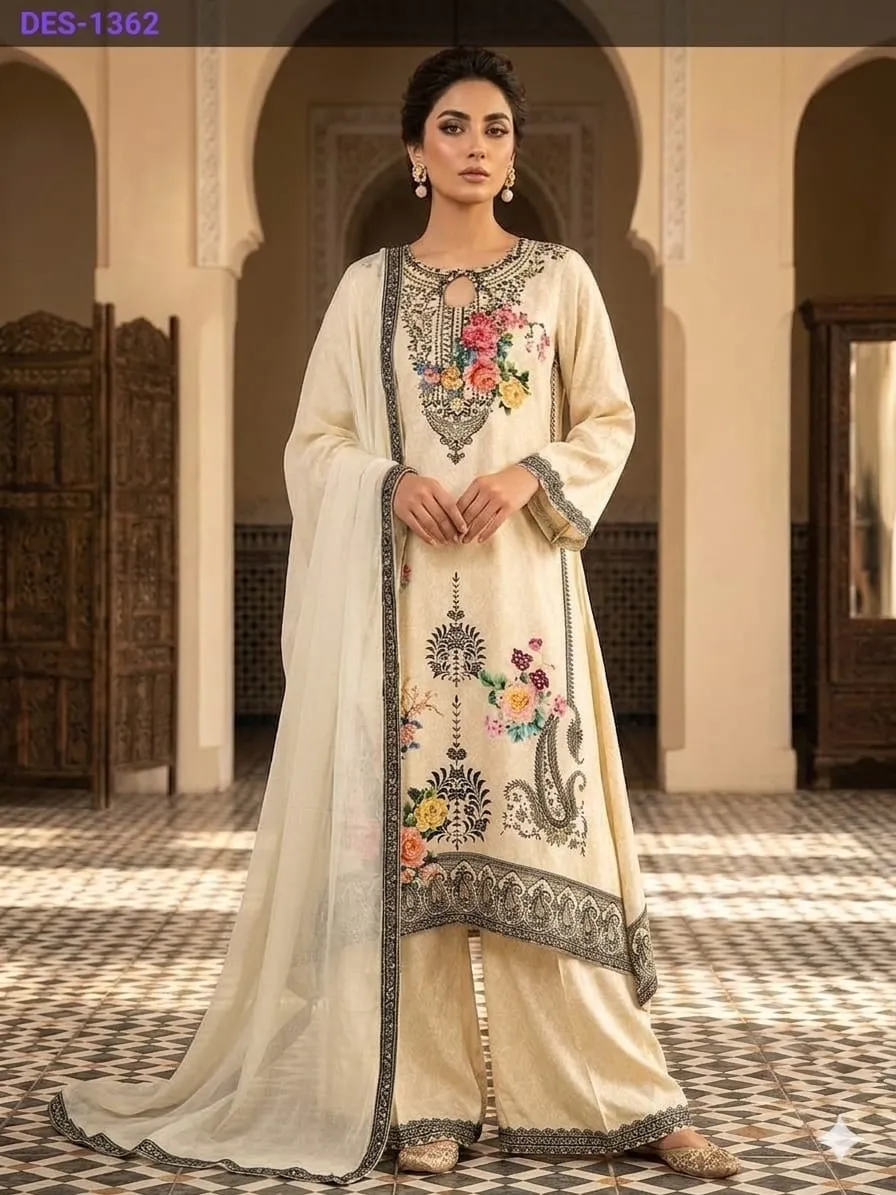 Women' Off White Crape A-line Kurta set  Printed  Top & Plazzo Pant with Dupatta