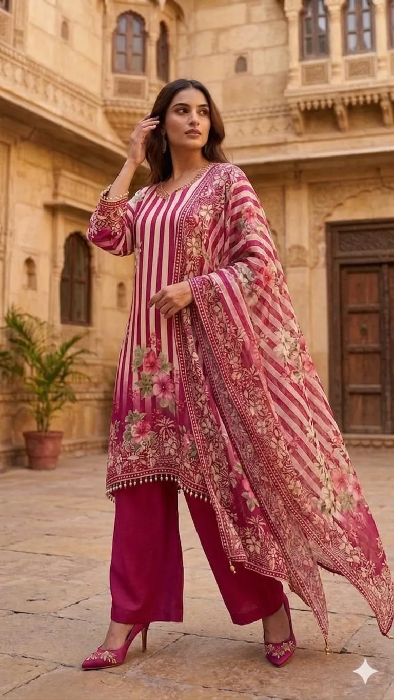 Women' Off White & Pink Crape A-line Kurta set  Printed  Top & Plazzo Pant with Dupatta