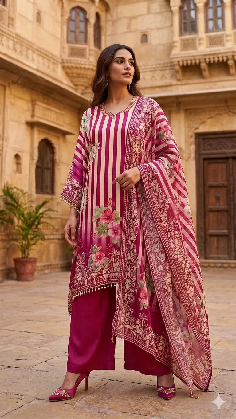 Women' Off White & Pink Crape A-line Kurta set  Printed  Top & Plazzo Pant with Dupatta