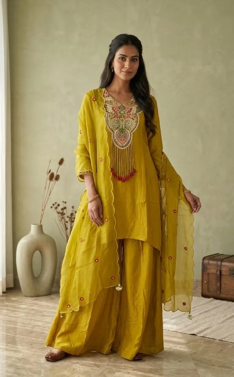 Women' Olive Green Crape A-line Kurta set  Printed  Top & Plazzo Pant with Dupatta
