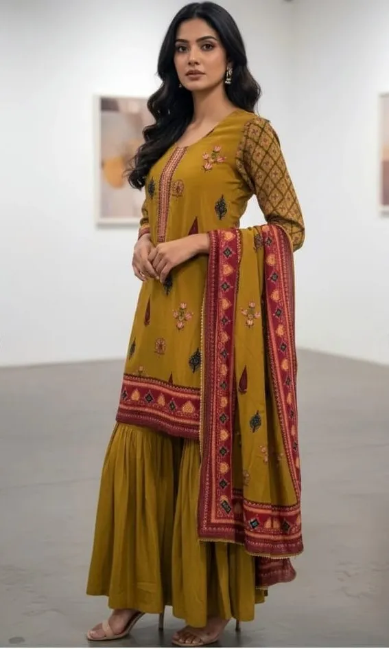 Women's Musterd Yellow Printed Sharara Suit For Women